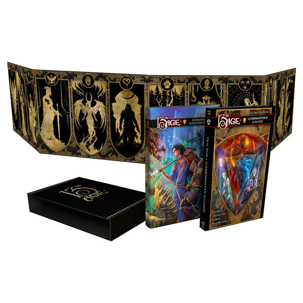 13th Age 2nd Edition: Second Edition Boxed Set - Black and gold fold-out game screen with fantasy illustrations, two colorful RPG rulebooks, and a black box with gold emblem.