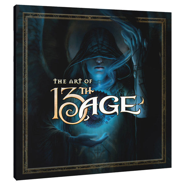 The Art of 13th Age - Dark fantasy book cover with ethereal blue figure casting a glowing spell, ornate gold border, and bold stylized title "The.