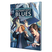 Mutant City Blues 2nd Edition (PREORDER) - Softcover RPG book with a dynamic comic-style cover showing two people in a tense city scene, titled Mutant City Blues in.