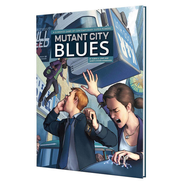 Mutant City Blues 2nd Edition (PREORDER) - Softcover RPG book with a dynamic comic-style cover showing two people in a tense city scene, titled Mutant City Blues in.