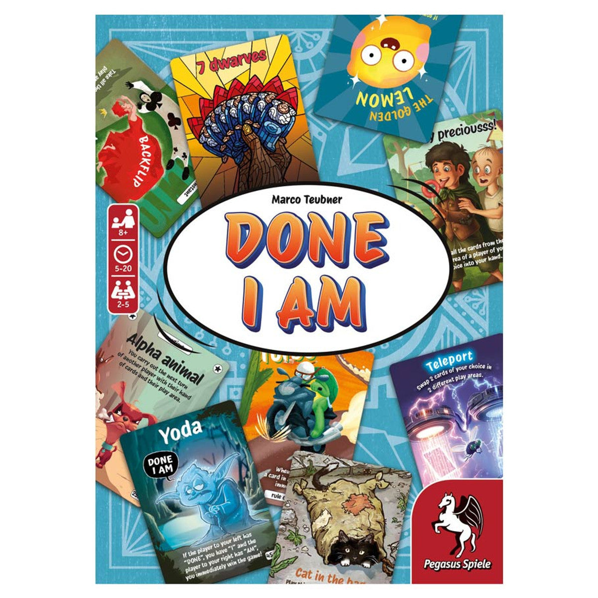 Done I Am (PREORDER) - Done I Am card game box with colorful illustrated character cards on a blue patterned background.