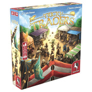 Tricky Traders (PREORDER) - Colorful board game box for Tricky Traders featuring a bustling marketplace scene with traders and tents.