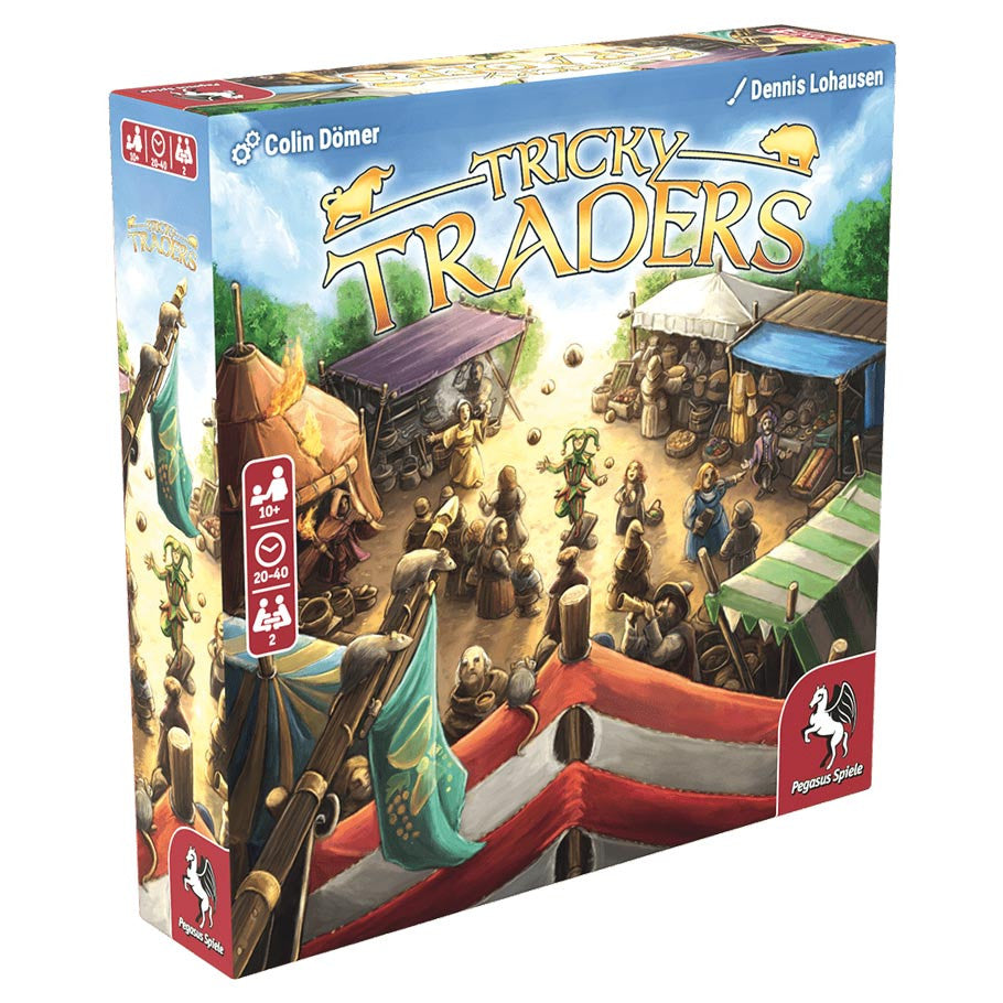 Tricky Traders (PREORDER) - Colorful board game box for Tricky Traders featuring a bustling marketplace scene with traders and tents.