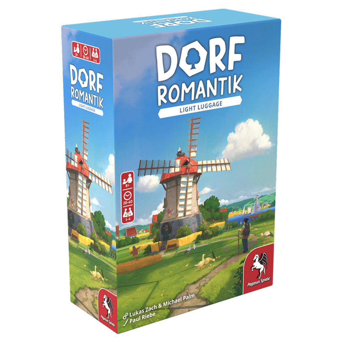 Dorfromantik: Light Luggage (PREORDER) - Blue and green box featuring a windmill and countryside illustration for Dorfromantik Light Luggage expansion game.