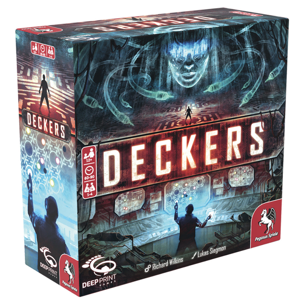 Deckers - Dark-themed board game box with blue and red accents, showing shadowy figures and digital network motifs, titled Deckers.