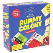 Rummy Colony - Rummy Colony board game box with blue background, colorful numbered tiles, and bold yellow text.