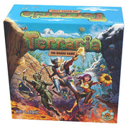Terraria The Boardgame (Retail Edition) (PREORDER) - Colorful square board game box with fantasy characters and "Terraria The Board Game" title in blocky, green letters.
