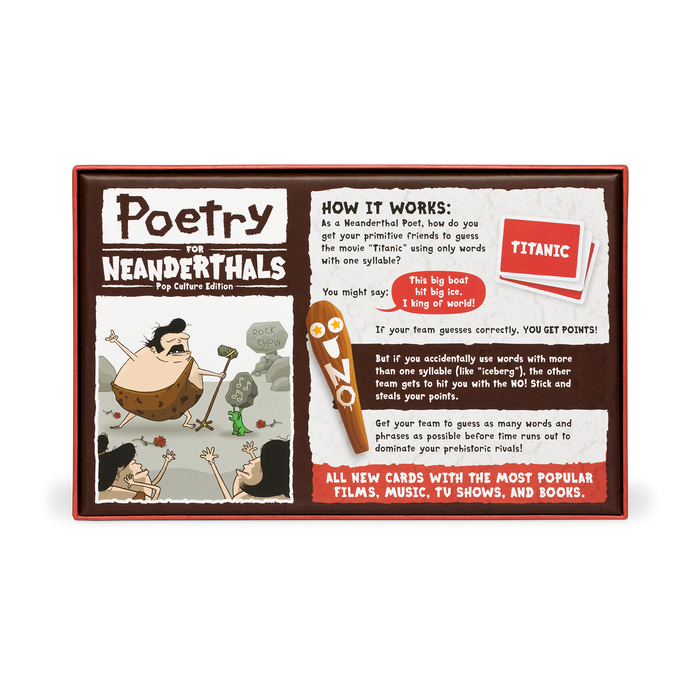 Poetry for Neanderthals: Pop Culture - Rectangular game box with red border titled "Poetry for Neanderthals" featuring cartoon caveman and instructions for.