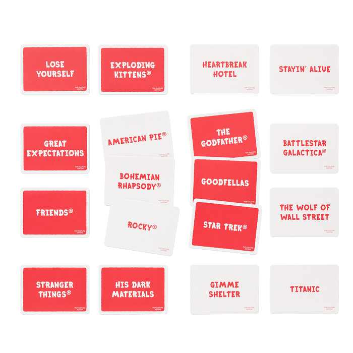 Poetry for Neanderthals: Pop Culture - Poetry for Neanderthals card game with red and white rectangular cards featuring pop culture phrases and titles in bold text.