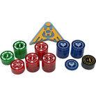 Ashes Ascendancy: Premium Tokens - Stacks of round game tokens in green, red, blue, and black with numeric and symbol designs, alongside a triangular token.