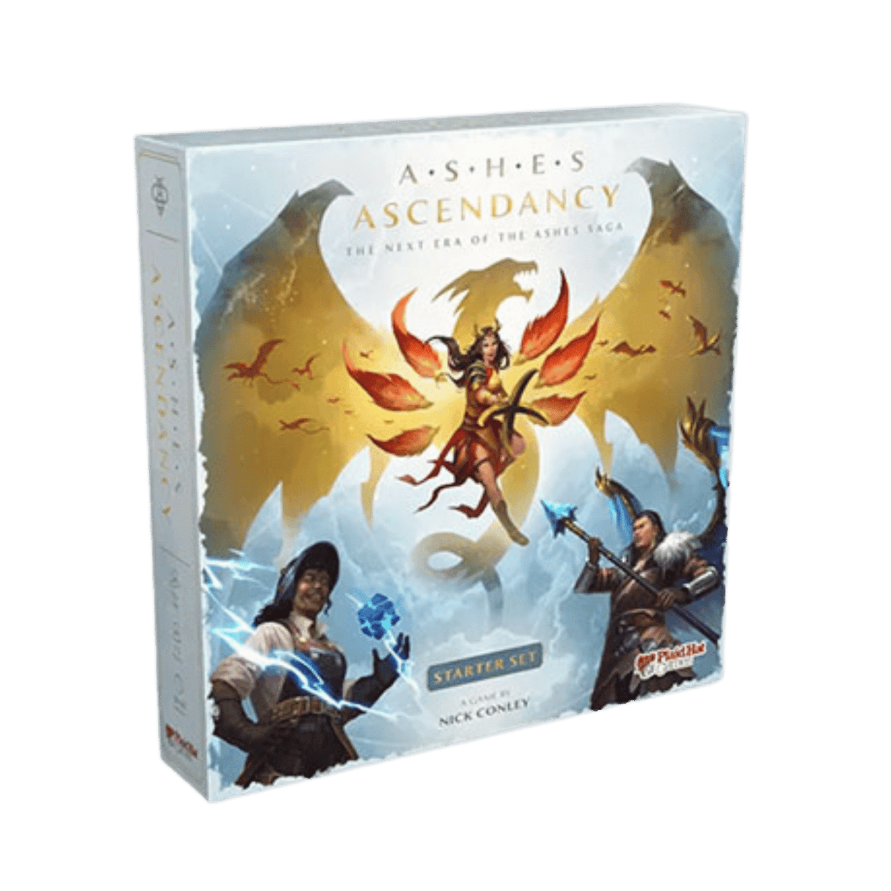 Ashes Ascendancy: Starter Set - Square board game box with fantasy art of a fiery-winged character and two warriors, titled Ashes Ascendancy Starter Set.
