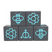 Ashes Ascendancy: Dice Pack Artifice - Five black dice with bright blue symbols including bees, gears, and a triangular design, arranged in a pyramid shape.