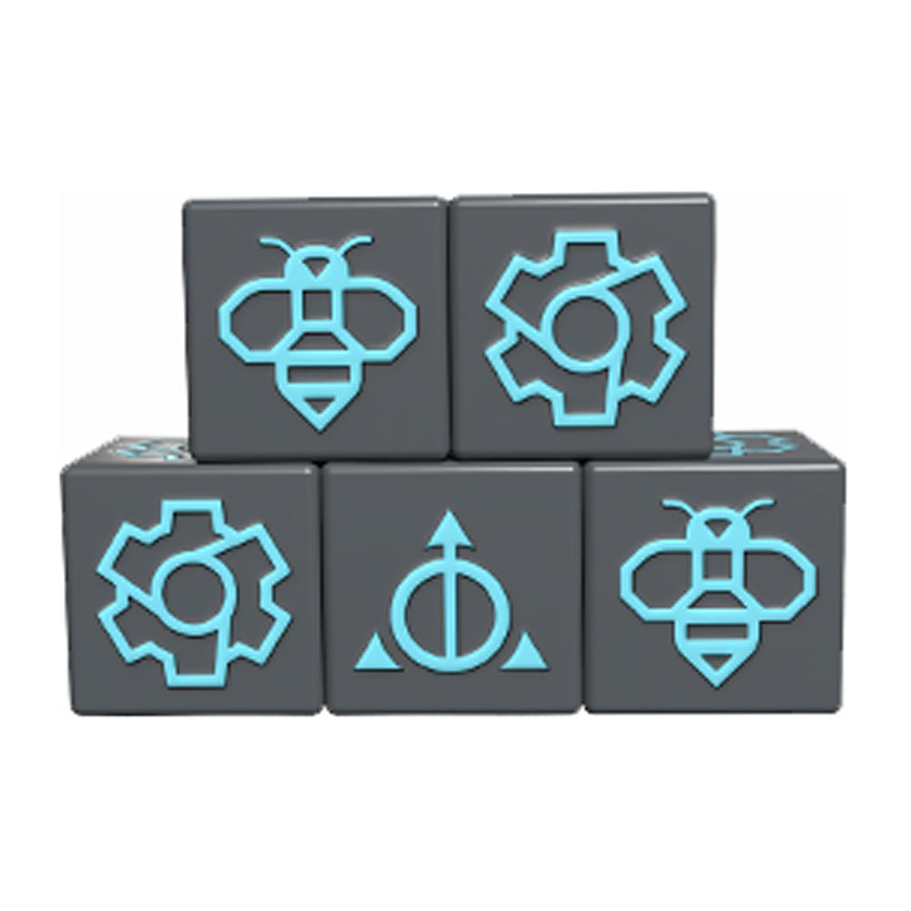 Ashes Ascendancy: Dice Pack Artifice - Five black dice with bright blue symbols including bees, gears, and a triangular design, arranged in a pyramid shape.