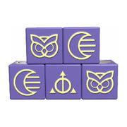 Ashes Ascendancy: Dice Pack Astral - Set of six purple six-sided dice with gold arc, owl, and arrow symbols, featuring a smooth matte finish.