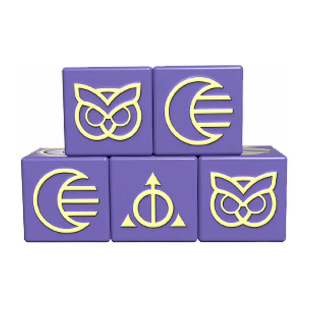 Ashes Ascendancy: Dice Pack Astral - Set of six purple six-sided dice with gold arc, owl, and arrow symbols, featuring a smooth matte finish.