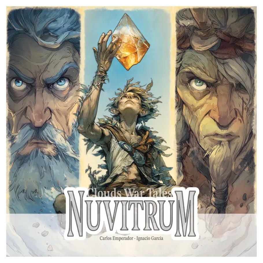 Nuvitrum - Nuvitrum game box featuring detailed fantasy artwork of a young figure holding a glowing crystal, flanked by two intense.