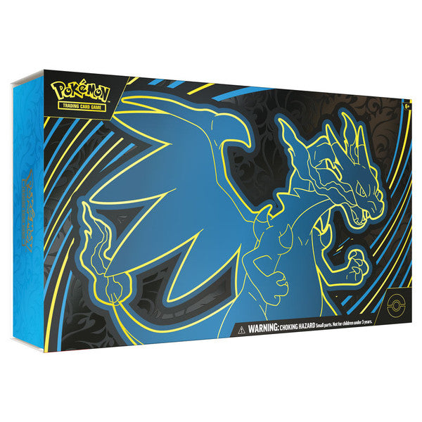 Pokémon TCG: Mega Charizard X ex Ultra-Premium Collection 2025 - Rectangular black box with blue and yellow outline of Mega Charizard X, glossy finish, Pokémon branding on top left corner.