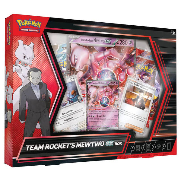 Pokémon TCG: Team Rocket’s Mewtwo ex Box - Pokémon Team Rocket’s Mewtwo ex Box with red and black packaging featuring Mewtwo and Giovanni illustrations and visible.