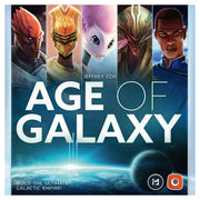 Age of Galaxy (2nd Edition) - Board game box featuring five diverse sci-fi characters on a space-themed background with Earth and stars below.