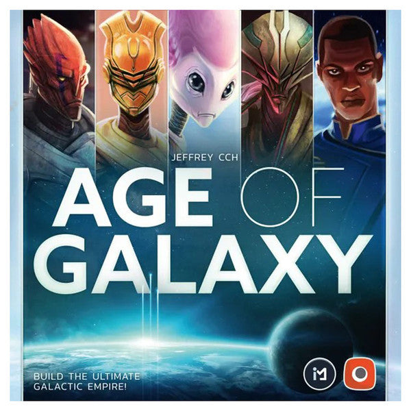 Age of Galaxy (2nd Edition) - Board game box featuring five diverse sci-fi characters on a space-themed background with Earth and stars below.
