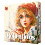 Bohemians - Bohemians card game box featuring watercolor-style portrait of blonde woman with blue eyes and plaid clothing.