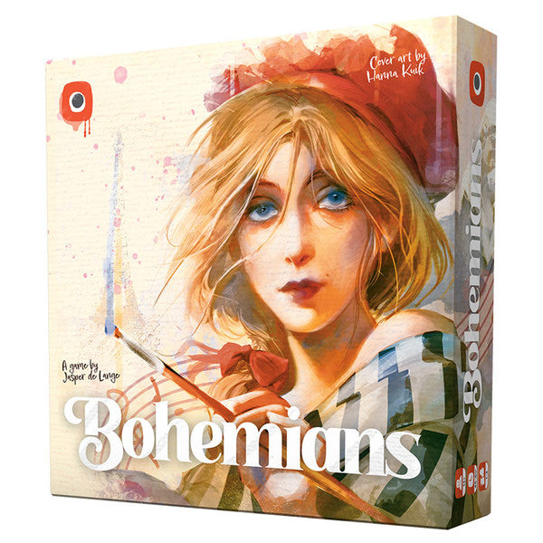 Bohemians - Bohemians card game box featuring watercolor-style portrait of blonde woman with blue eyes and plaid clothing.