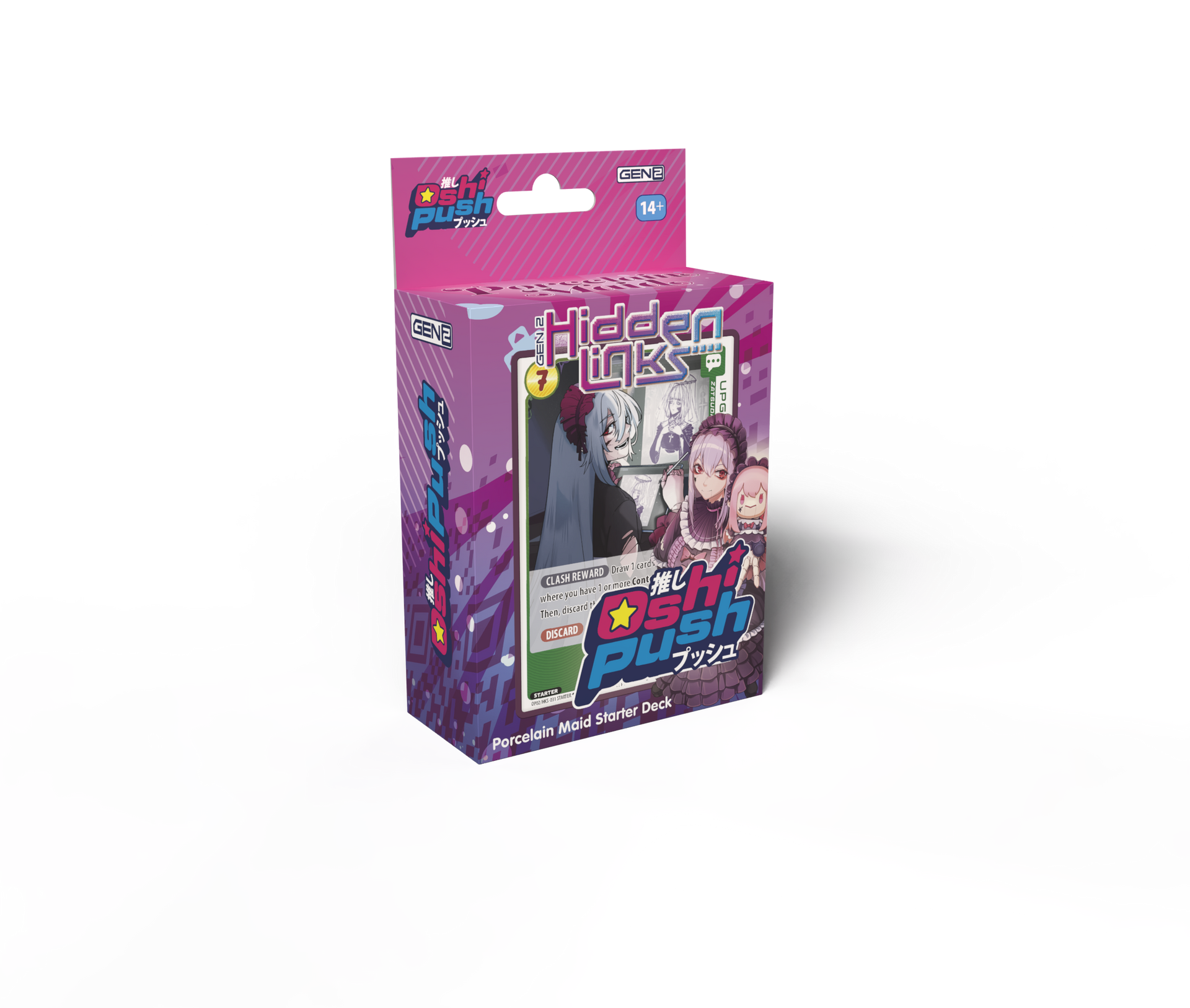 Oshi Push TCG: Gen Two Hidden Links - Porcelain Maid Starter Deck - Purple and pink boxed card game starter deck with anime-style maid character and colorful logo.