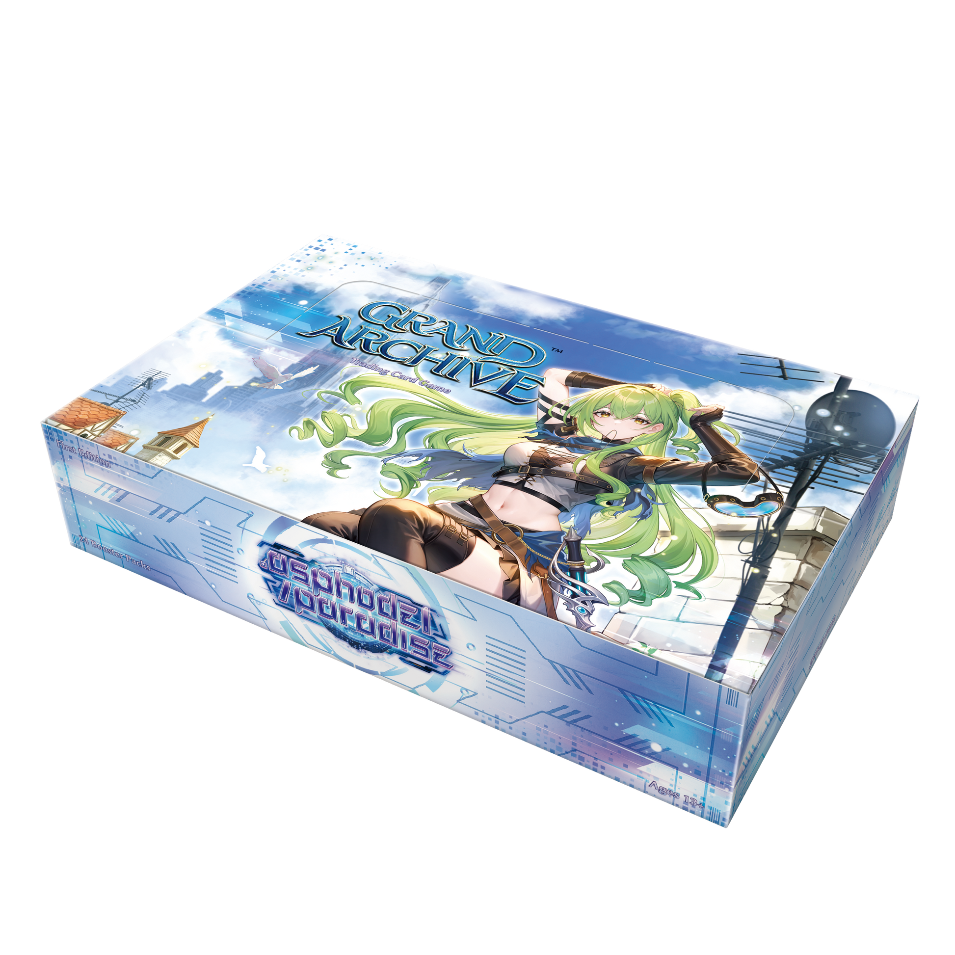 Grand Archive TCG: .asphodel/paradise 1st Edition Booster Box (PREORDER) - Rectangular booster box with fantasy anime artwork, featuring a green-haired female warrior on blue and white packaging.
