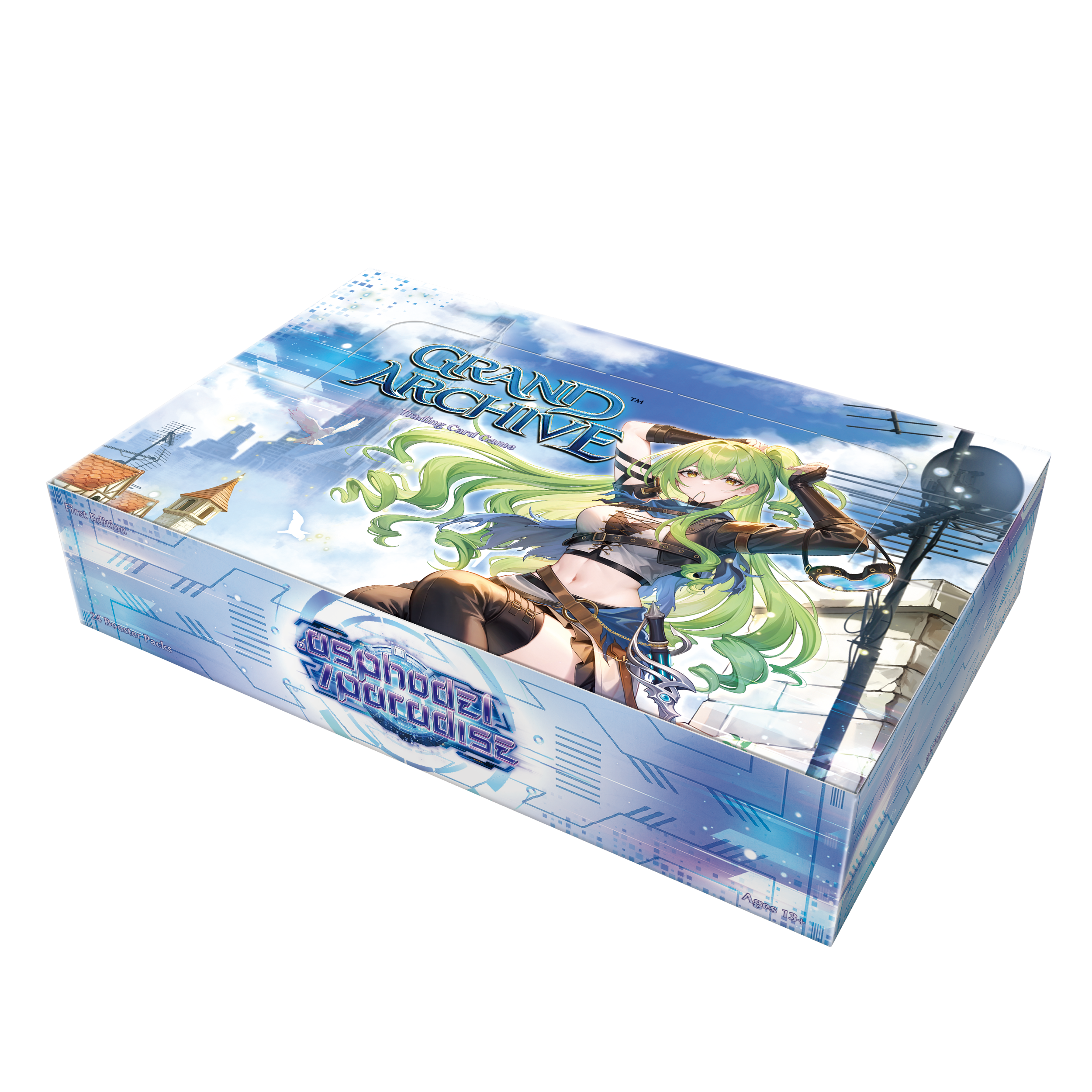 Grand Archive TCG: .asphodel/paradise 1st Edition Booster Box (PREORDER) - Rectangular booster box with fantasy anime artwork, featuring a green-haired female warrior on blue and white packaging.