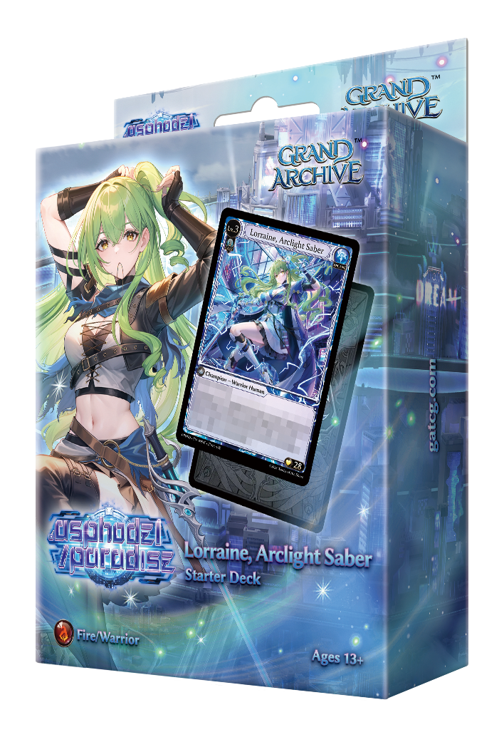 Grand Archive TCG: Lorraine, Arclight Saber Starter Deck (PREORDER) - Lorraine, green-haired anime warrior on vibrant blue and purple trading card starter deck box with cosmic, futuristic design.