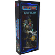 Starfinder: Dwarf Soldier - Boxed Starfinder dwarf soldier miniature with heavy armor and large futuristic gun on sci-fi themed packaging.