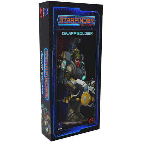 Starfinder: Dwarf Soldier - Boxed Starfinder dwarf soldier miniature with heavy armor and large futuristic gun on sci-fi themed packaging.