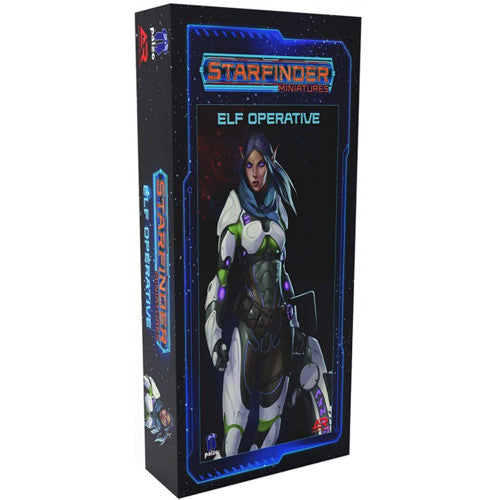 Starfinder: Elf Operative - Tall rectangular box with sci-fi design featuring an elf character in futuristic white and green armor holding a weapon on.