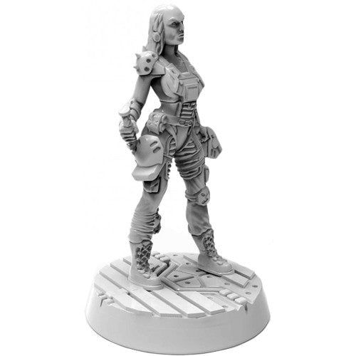 Starfinder: Ferani Nadaz - Gray unpainted sci-fi female miniature figurine with armor and futuristic suit standing on a textured round base.