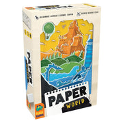 Paper World - Box of Paper World abstract strategy board game featuring colorful illustrated castle, dragon, and lighthouse on front.