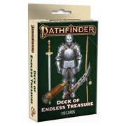 Pathfinder 2E: Deck of Endless Treasure - Deck of Endless Treasure box featuring a medieval knight in silver armor, a sword, and a crossbow on a dark green background.