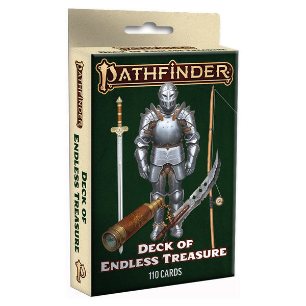 Pathfinder 2E: Deck of Endless Treasure - Deck of Endless Treasure box featuring a medieval knight in silver armor, a sword, and a crossbow on a dark green background.