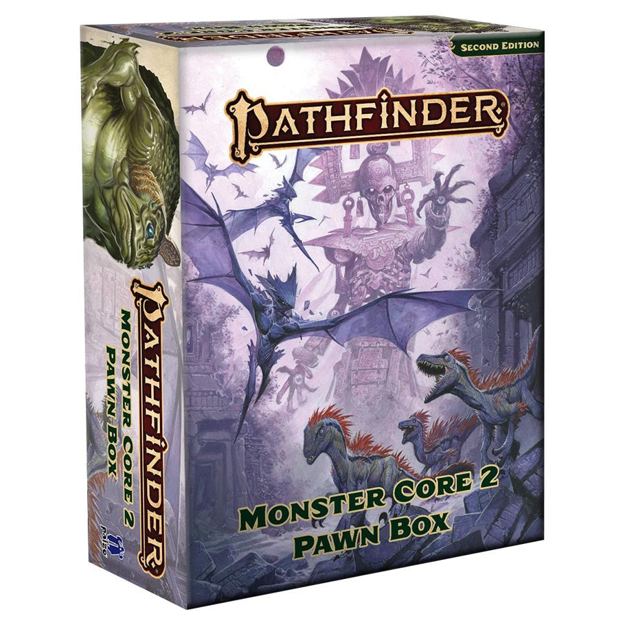 Pathfinder 2E: Monster Core 2 Pawn Box (PREORDER) - Purple and green illustrated box featuring dragons and monsters, labeled Pathfinder Monster Core 2 Pawn Box.