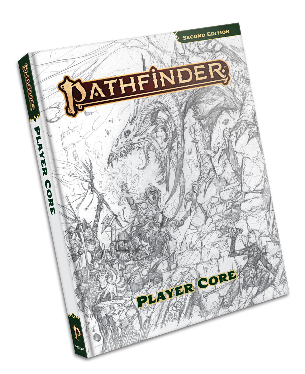 Pathfinder Player Core Sketch Cover (Second Edition) - Softcover book with intricate black-and-white fantasy sketch on cover, green and gold "Pathfinder" logo, titled "Player.