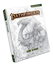 Pathfinder Game Master Core Sketch Cover (Second Edition) - White Pathfinder game book with black fantasy sketch of a dragon and warrior, green text accents.