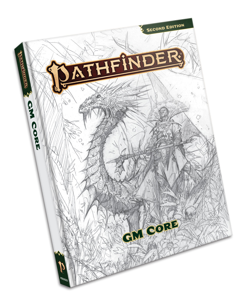 Pathfinder Game Master Core Sketch Cover (Second Edition) - White Pathfinder game book with black fantasy sketch of a dragon and warrior, green text accents.