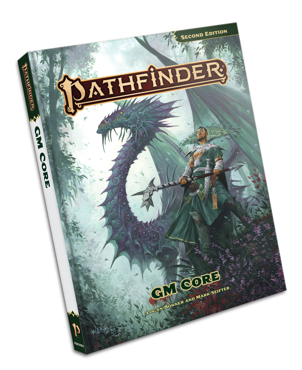 Pathfinder Game Master Core (Second Edition) - Pathfinder GM Core book with detailed fantasy dragon and armored warrior on green forest cover.