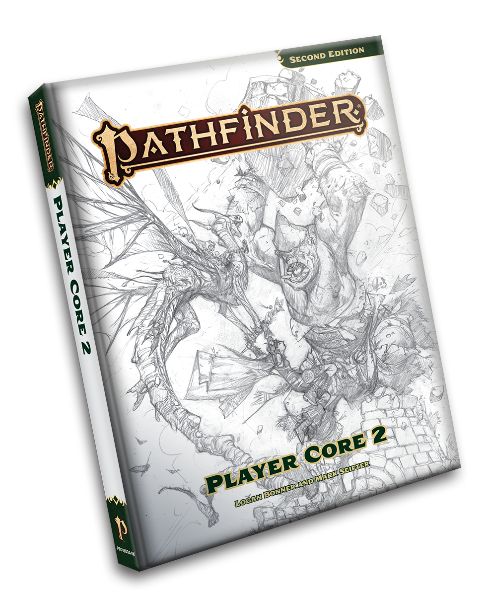 Pathfinder RPG NPC Core (P2) Sketch Cover - Book cover featuring detailed grayscale fantasy sketches of characters in action, titled "Pathfinder Player Core 2" with a.