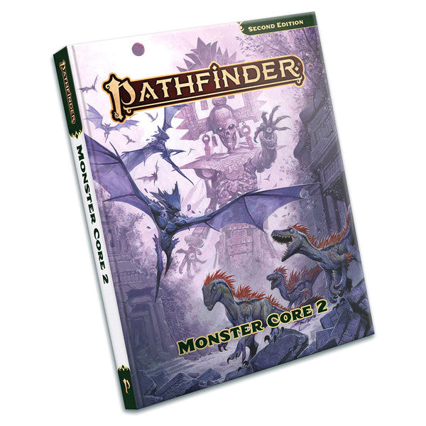 Pathfinder 2E: Monster Core 2 - Pathfinder Monster Core 2 book with dark purple fantasy cover featuring dragons and monsters in a misty landscape.