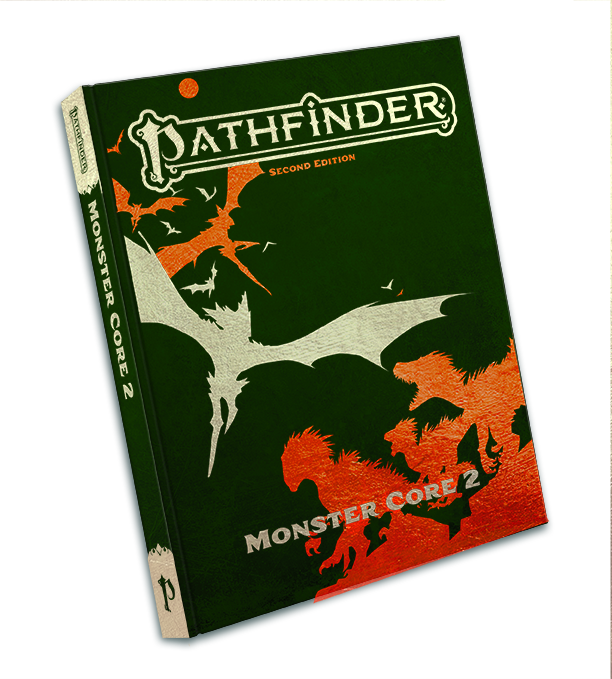 Pathfinder 2E: Monster Core 2 Special Edition - Dark green hardcover RPG book titled Pathfinder Monster Core 2 with orange and white monster silhouettes on cover.