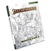Pathfinder 2E: Monster Core 2 Sketch Cover - Pathfinder Monster Core 2 RPG book with detailed black and white fantasy sketch cover.