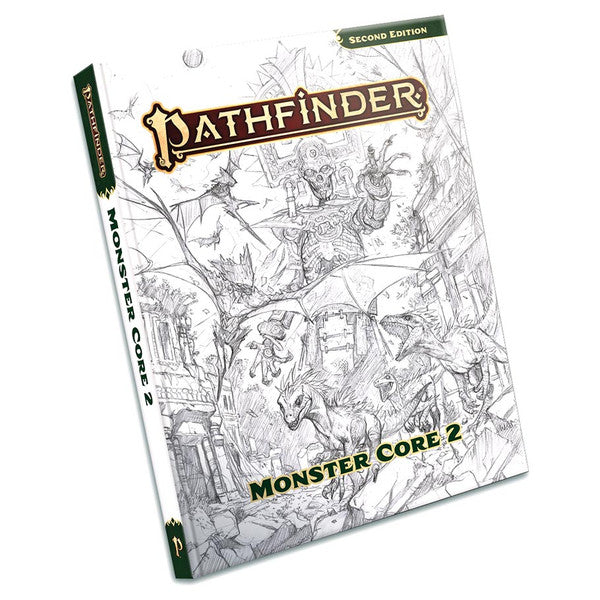 Pathfinder 2E: Monster Core 2 Sketch Cover - Pathfinder Monster Core 2 RPG book with detailed black and white fantasy sketch cover.