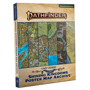 Pathfinder 2E: Lost Omens Shining Kingdoms Poster Map Archive - Pathfinder Lost Omens Shining Kingdoms map archive book with colorful fantasy maps on cover and beige background.