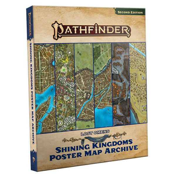Pathfinder 2E: Lost Omens Shining Kingdoms Poster Map Archive - Pathfinder Lost Omens Shining Kingdoms map archive book with colorful fantasy maps on cover and beige background.