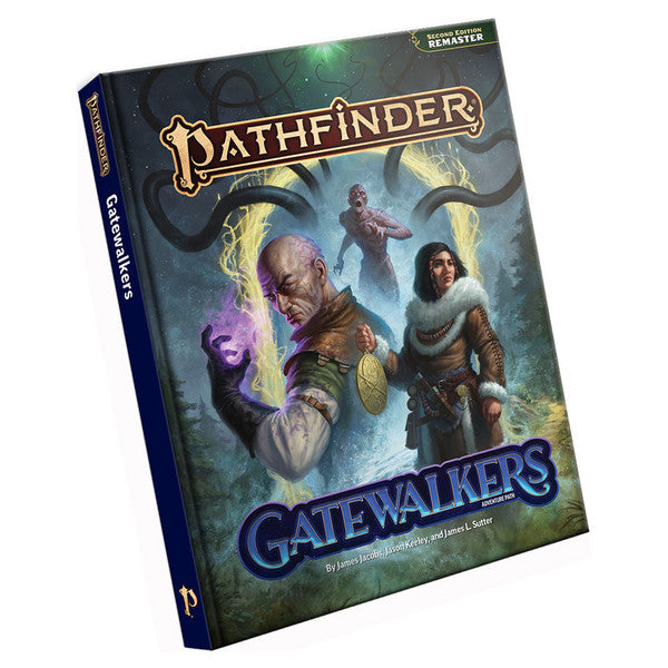 Pathfinder 2E: Adventure Path: Gatewalkers - Hardcover fantasy role-playing book with a greenish misty background, featuring two characters—a bald man casting purple.